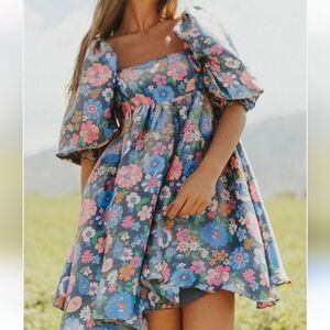 Storia Floral Oversized Puff Sleeves Square Neckline Babydoll Mini Dress M